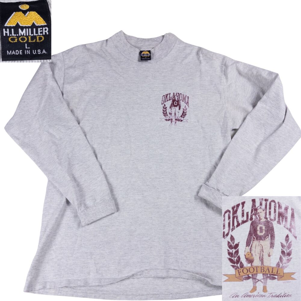 Vintage Oklahoma Football Single Stitch Mockneck L USA‎ Made 90s Gray Tee